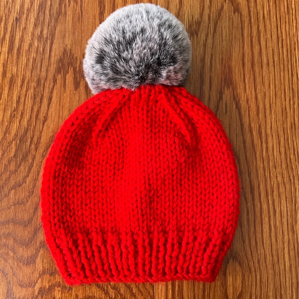 Christmas Handmade Knit Baby Hat with Pom Poms, Red Chunky Beanie (3-6 Months)